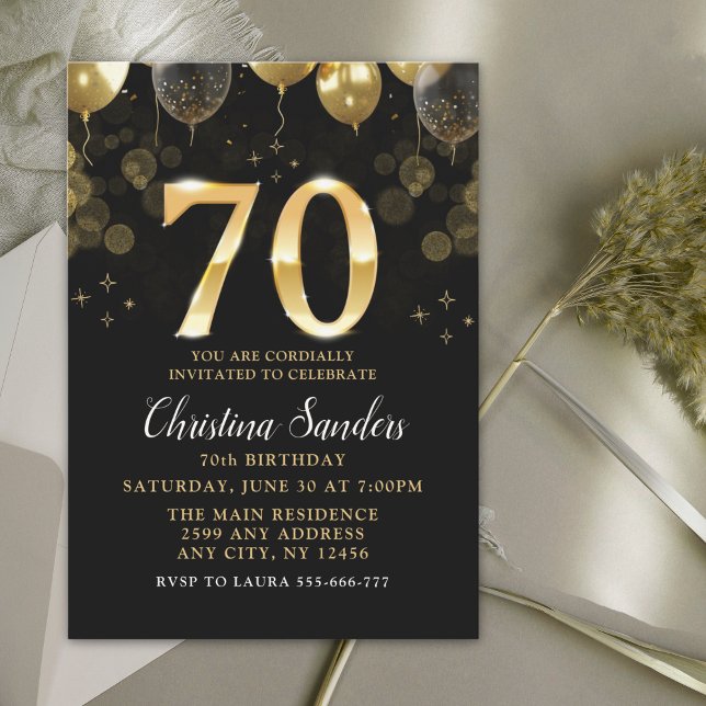Convite Elegant 70th Birthday Invitation with Gold Ballons (Criador carregado)
