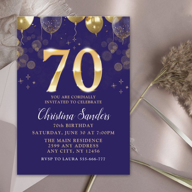 Convite Elegant 70th Birthday Invitation with Gold Ballons (Criador carregado)
