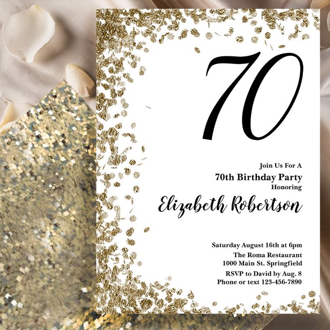 Convite Elegant 70th Birthday Invitation With Gold Sequins (Criador carregado)