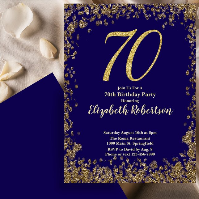 Convite Elegant 70th Blue Birthday Invitation Gold Sequin (Criador carregado)