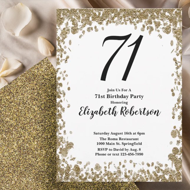Convite Elegant 71st Birthday Invitation With Gold Sequins (Criador carregado)