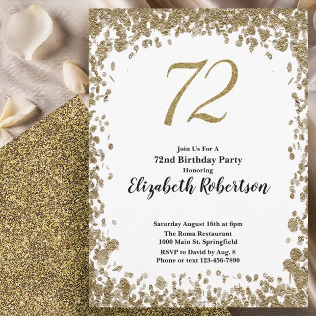 Convite Elegant 72nd Birthday Invitation With Gold Sequins (Criador carregado)