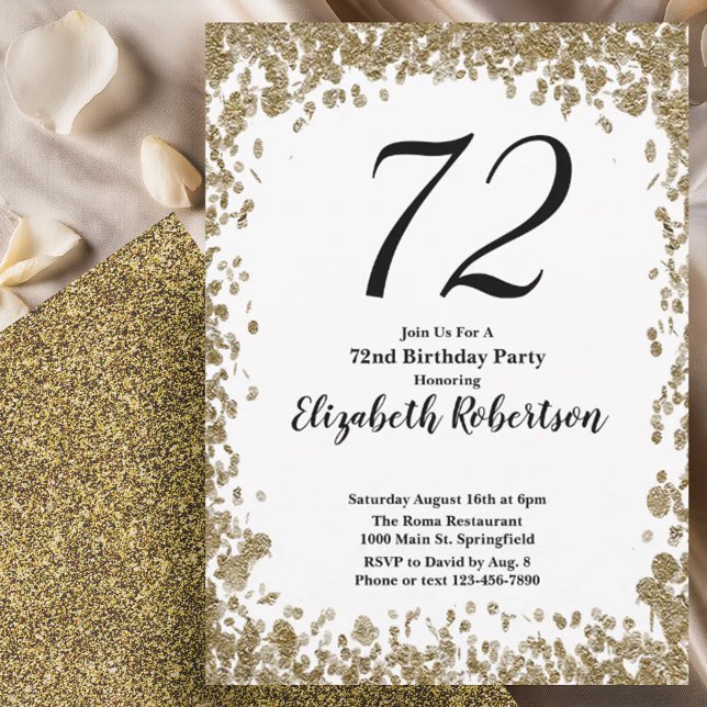 Convite Elegant 72nd Birthday Invitation With Gold Sequins (Criador carregado)
