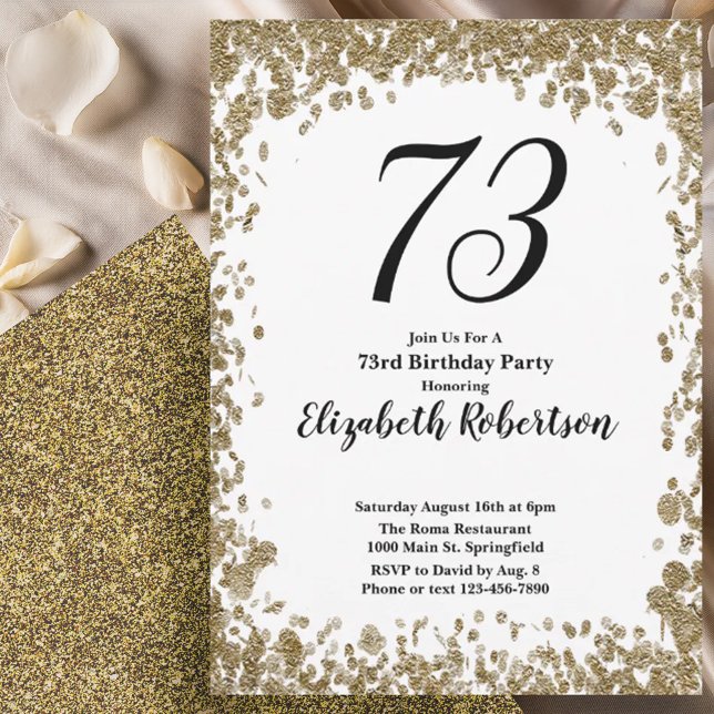 Convite Elegant 73rd Birthday Invitation With Gold Sequins (Criador carregado)