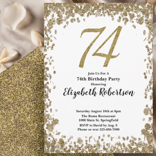 Convite Elegant 74th Birthday Invitation With Gold Sequins (Criador carregado)