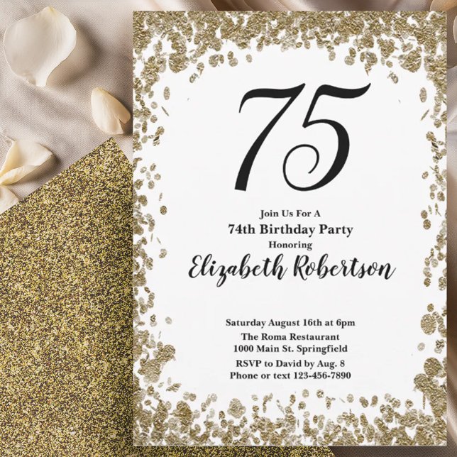 Convite Elegant 75th Birthday Invitation With Gold Sequins (Criador carregado)