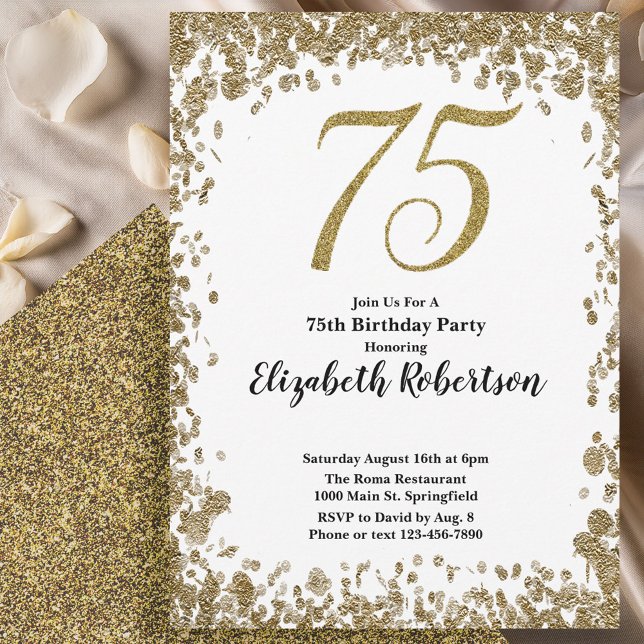 Convite Elegant 75th Birthday White and Gold Sequin (Criador carregado)