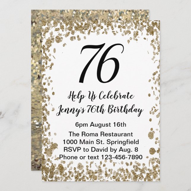 Convite Elegant 76th Birthday Invitation in black and gold (Frente/Verso)