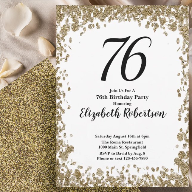 Convite Elegant 76th Birthday Invitation With Gold Sequins (Criador carregado)