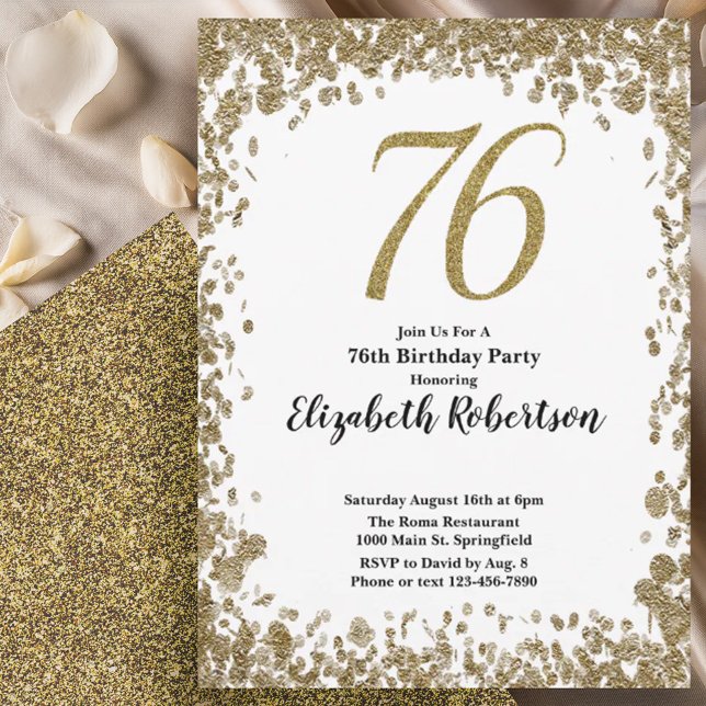 Convite Elegant 76th Birthday Invitation With Gold Sequins (Criador carregado)