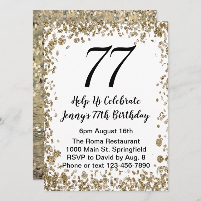 Convite Elegant 77th Birthday Invitation in black and gold (Frente/Verso)