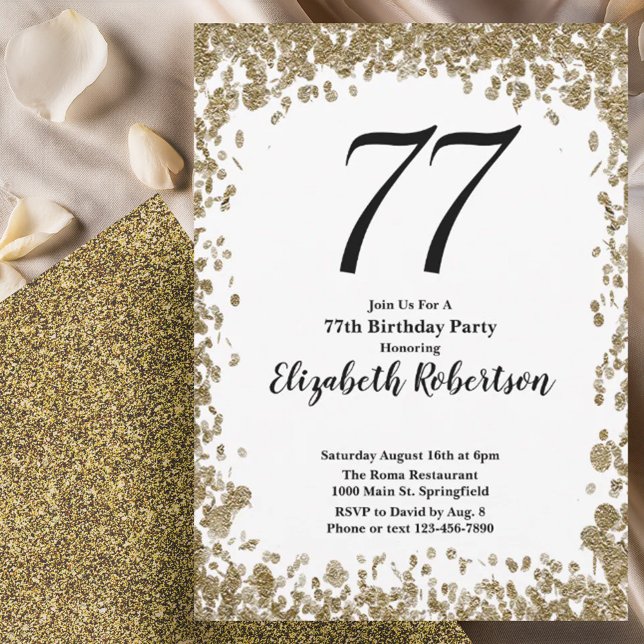 Convite Elegant 77th Birthday Invitation With Gold Sequins (Criador carregado)