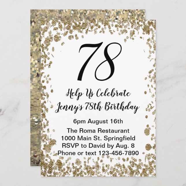 Convite Elegant 78th Birthday Invitation in black and gold (Frente/Verso)