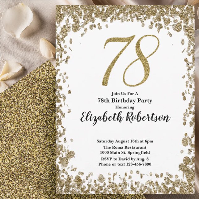 Convite Elegant 78th Birthday Invitation With Gold Sequins (Criador carregado)