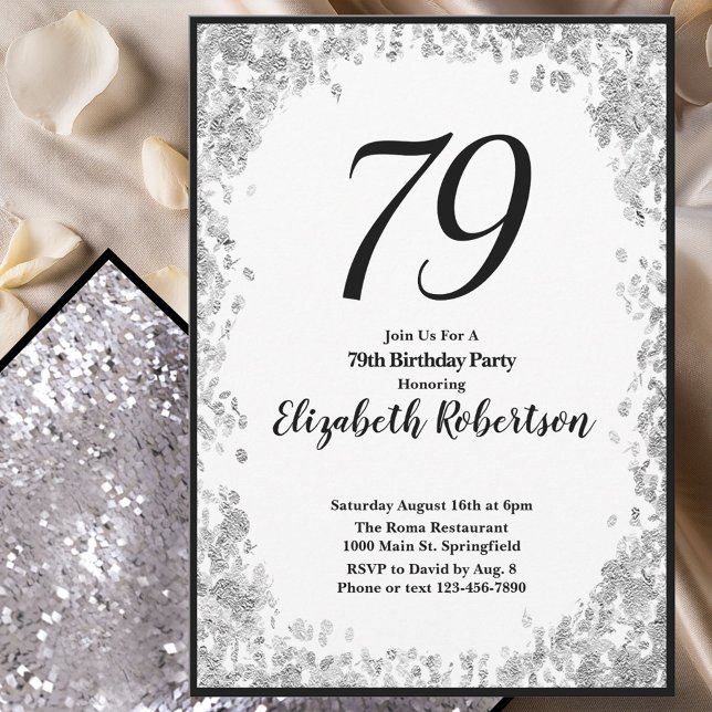Convite Elegant 79th Birthday Invitation For Her in Silver (Criador carregado)