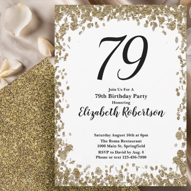 Convite Elegant 79th Birthday Invitation With Gold Sequins (Criador carregado)