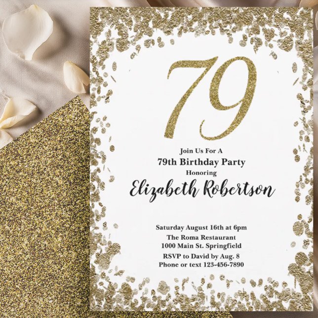 Convite Elegant 79th Birthday Invitation With Gold Sequins (Criador carregado)
