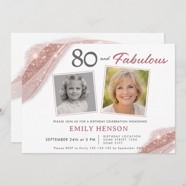 Convite Elegant 80 and Fabulous Rose Gold Photo Birthday (Frente/Verso)