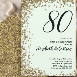 Convite Elegant 80th Birthday Invitation Green Gold Sequin