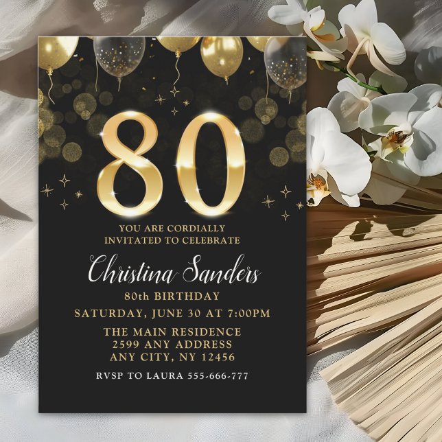 Convite Elegant 80th Birthday Invitation with Gold Ballons (Criador carregado)