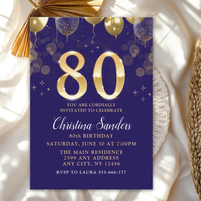 Convite Elegant 80th Birthday Invitation with Gold Ballons (Criador carregado)