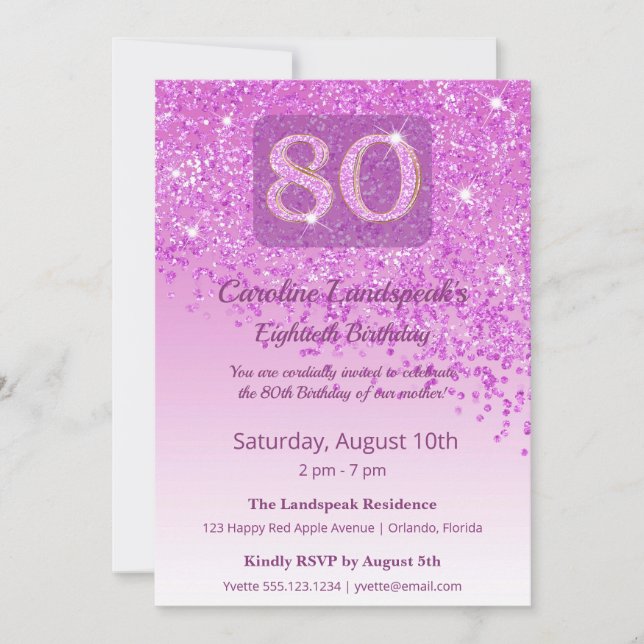 Convite Elegant 80th Birthday Pink Glitter  (Frente)