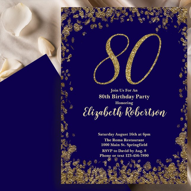 Convite Elegant 80th Blue Birthday Invitation Gold Sequin (Criador carregado)