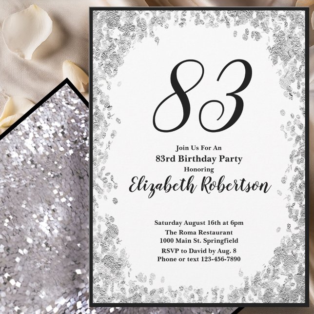 Convite Elegant 83rd Birthday Invitation For Her in Silver (Criador carregado)