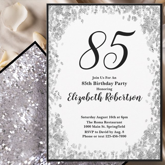 Convite Elegant 85th Birthday Invitation For Her in Silver (Criador carregado)