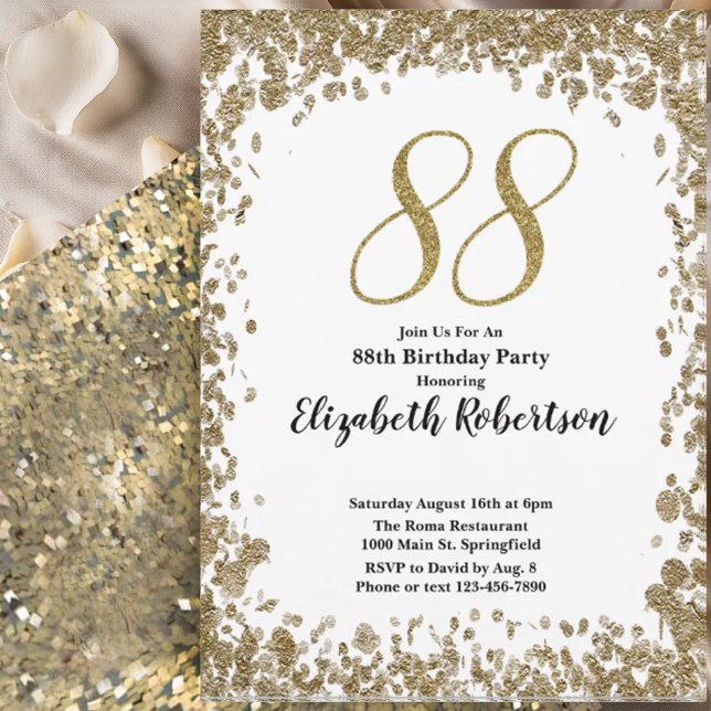 Convite Elegant 88th Birthday Invitation For Her in Gold (Criador carregado)