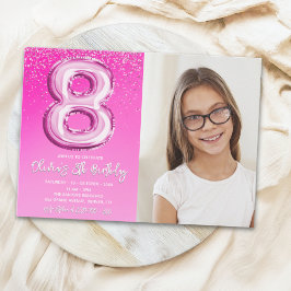 Convite Elegant 8th Birthday Pink Number Balloon with phot