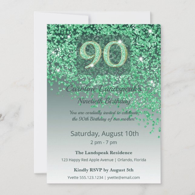 Convite Elegant 90th Birthday Emerald Green Glitter  (Frente)