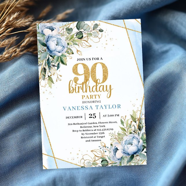 Convite Elegant 90th Birthday Invitation Blue Floral Gold  (Elegant 90th Birthday Invitation Blue Floral Gold Frame

)