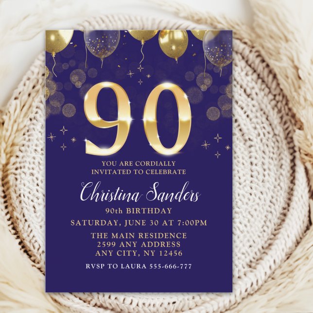 Convite Elegant 90th Birthday Invitation with Gold Glitter (Criador carregado)