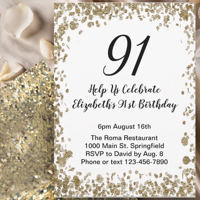 Convite Elegant 91st Birthday Invitation Black and Gold  (Criador carregado)
