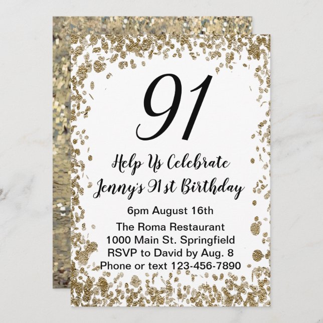 Convite Elegant 91st Birthday Invitation For Her in Gold (Frente/Verso)