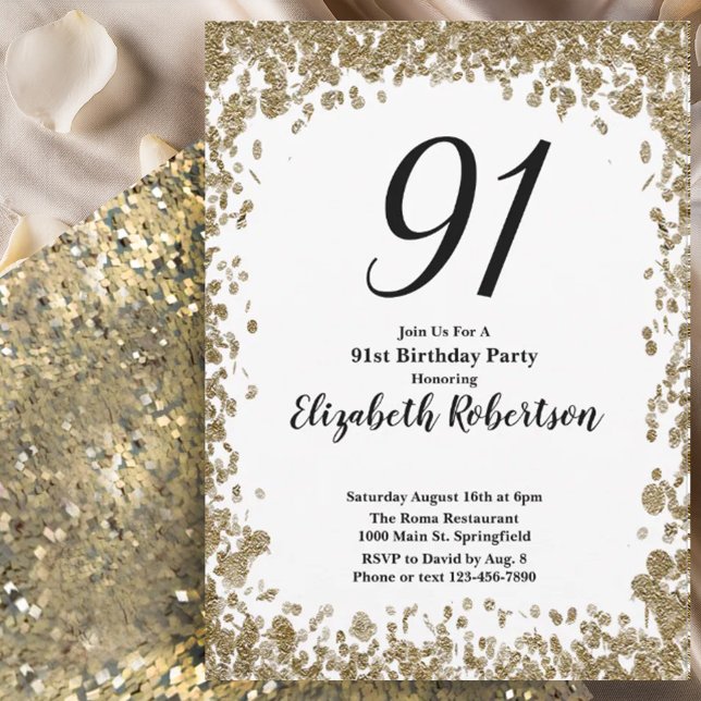 Convite Elegant 91st Birthday Invitation For Her in Gold (Criador carregado)