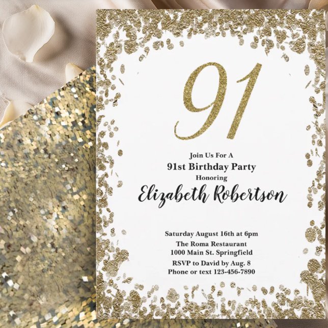 Convite Elegant 91st Birthday Invitation For Her in Gold (Criador carregado)