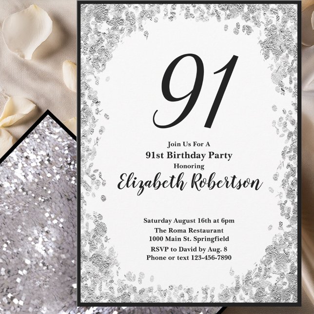 Convite Elegant 91st Birthday Invitation For Her in Silver (Criador carregado)