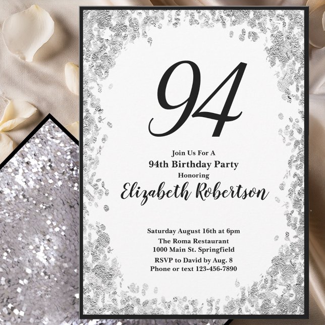 Convite Elegant 94th Birthday Invitation For Her in Silver (Criador carregado)