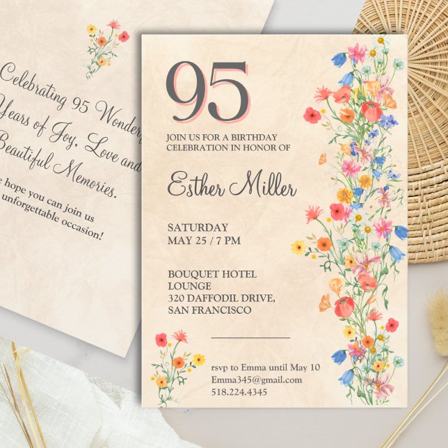 Convite Elegant 95th Birthday - Wildflower Design 95 Years (Criador carregado)