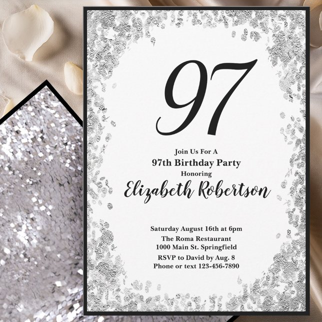 Convite Elegant 97th Birthday Invitation Silver and Black (Criador carregado)