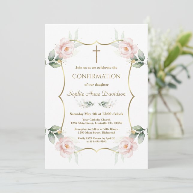 Convite Elegant Airy Greenery Pink Floral Confirmation  (Em pé/Frente)
