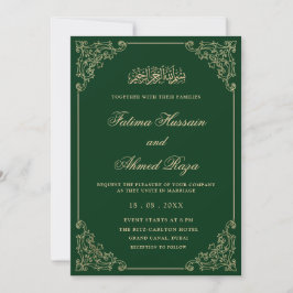 Convite Elegant Antique Green Gold Script Muslim Wedding