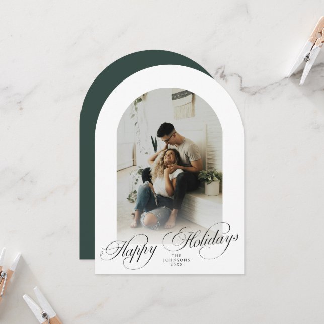 Convite Elegant Arch 1 Photo Green Christmas Holiday Card (Frente/Verso In Situ)