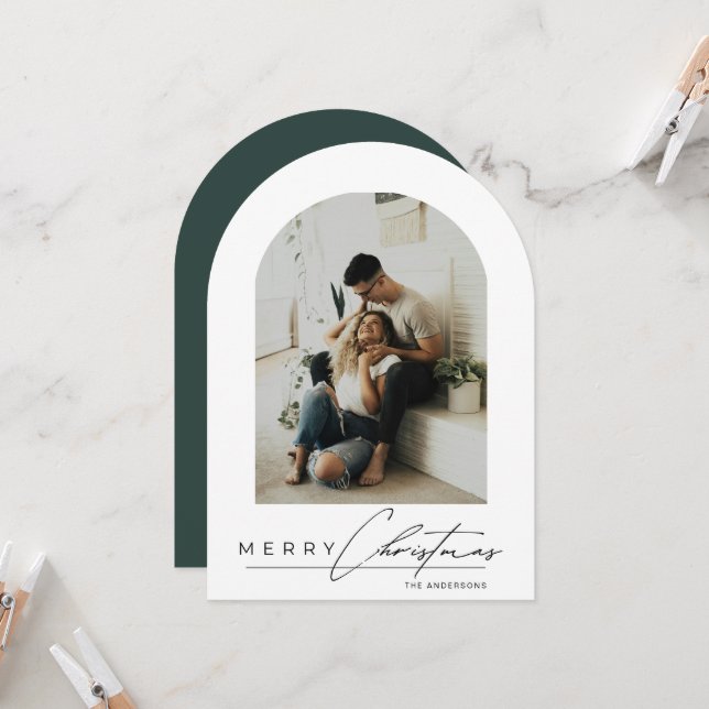 Convite Elegant Arch 1 Photo Green Christmas Holiday Card (Frente/Verso In Situ)