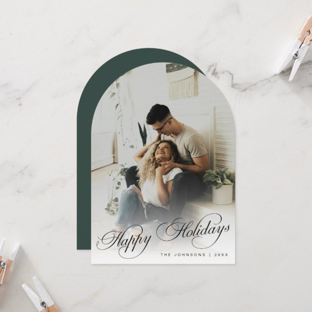 Convite Elegant Arch Photo Green Christmas Holiday Card (Frente/Verso In Situ)