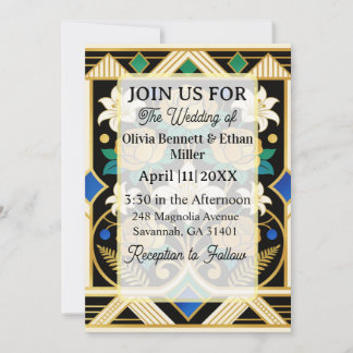 Convite Elegant Art Deco Floral Wedding Invitation