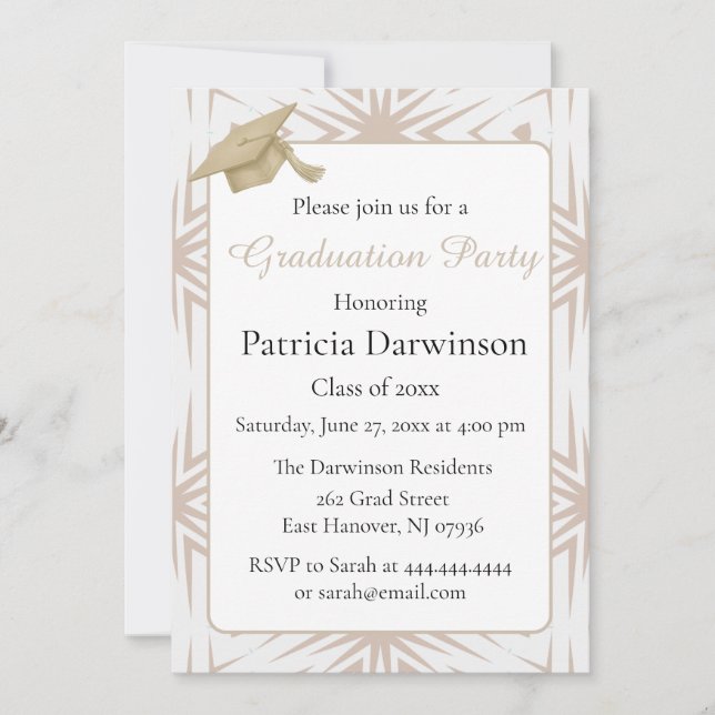 Convite Elegant Art Deco Tan and White Graduation Party  (Frente)