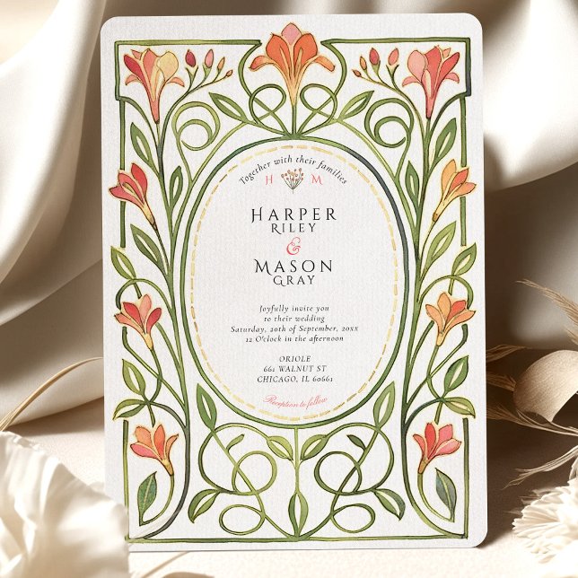 Convite Elegant Art Nouveau Coral Lily Wedding Invite (Criador carregado)